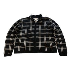 Talbots Window Pane Plaid Black & Cream Full Zip Mockneck Sweater Size 8